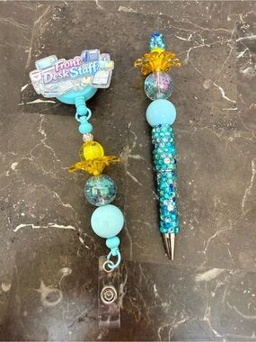 Flower Front Desk Staff Blue Rhinestone Beaded Pen Matching Badge Reel Handmade